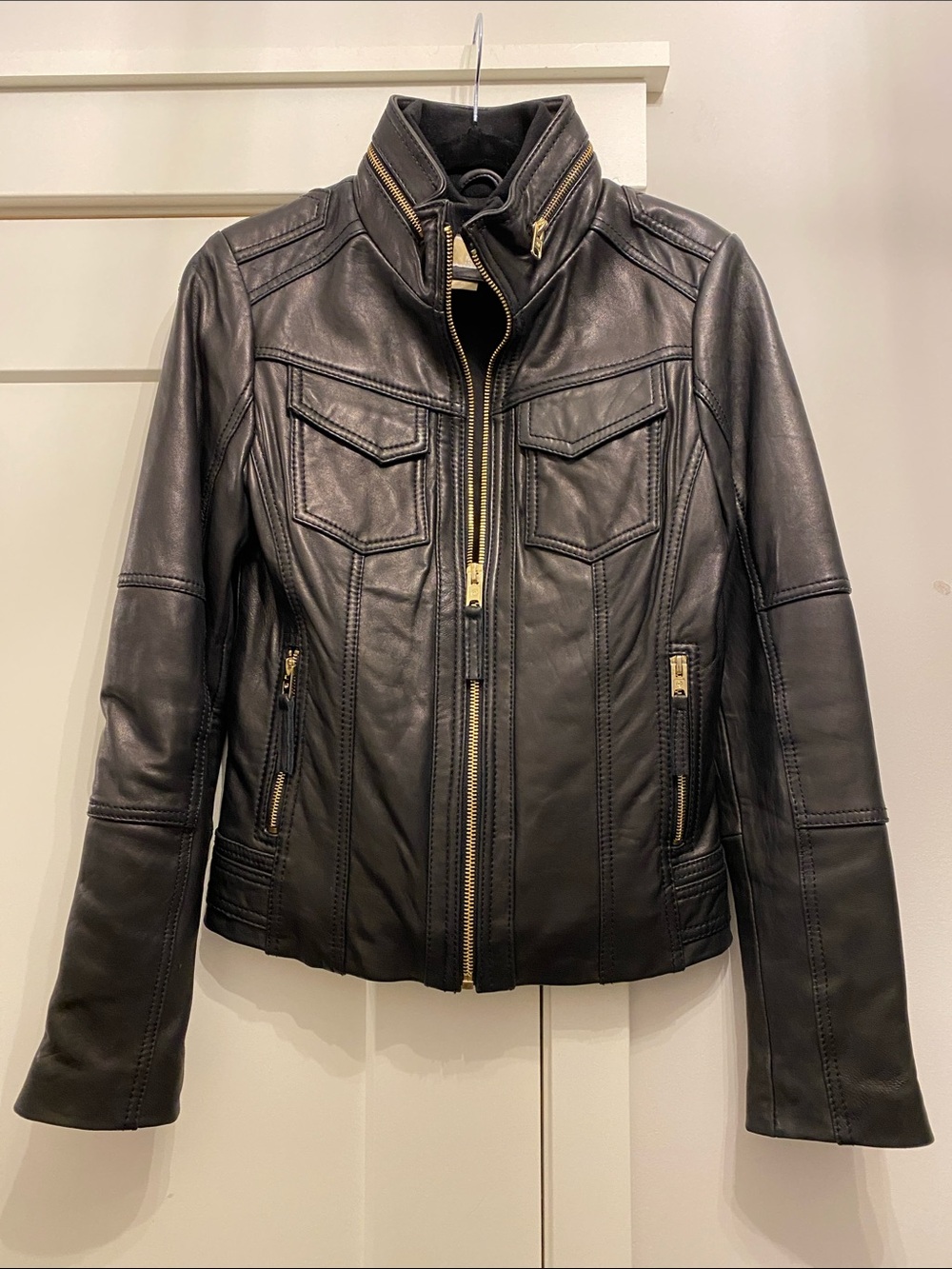 Michael Kors Black Genuine Leather Moto Jacket Gold Hardware XS